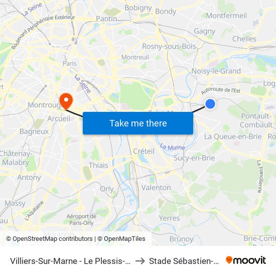 Villiers-Sur-Marne - Le Plessis-Trévise RER to Stade Sébastien-Charléty map