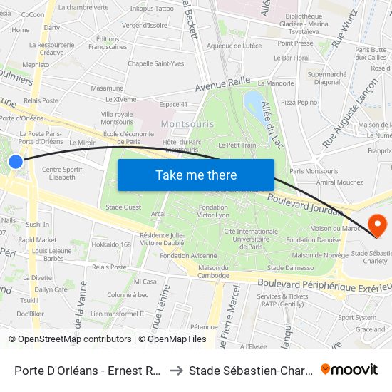 Porte D'Orléans - Ernest Reyer to Stade Sébastien-Charléty map
