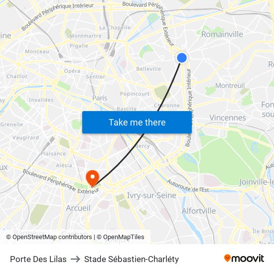 Porte Des Lilas to Stade Sébastien-Charléty map