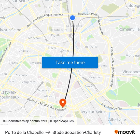 Porte de la Chapelle to Stade Sébastien-Charléty map