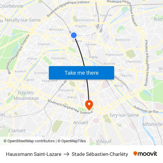 Haussmann Saint-Lazare to Stade Sébastien-Charléty map