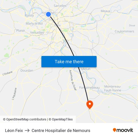 Léon Feix to Centre Hospitalier de Nemours map