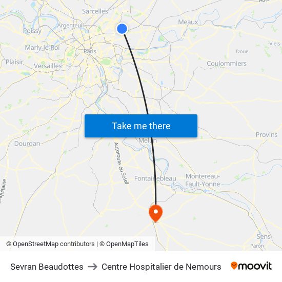 Sevran Beaudottes to Centre Hospitalier de Nemours map
