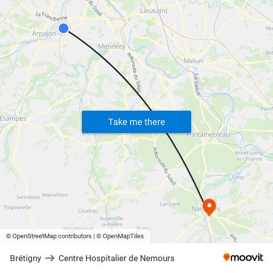 Brétigny to Centre Hospitalier de Nemours map