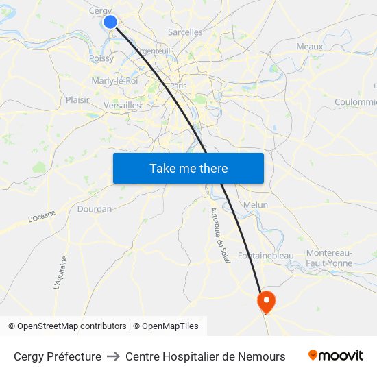 Cergy Préfecture to Centre Hospitalier de Nemours map