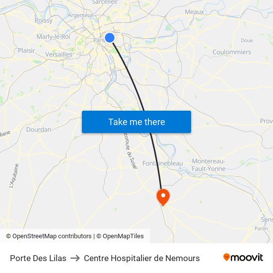 Porte Des Lilas to Centre Hospitalier de Nemours map