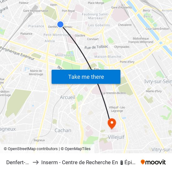 Denfert-Rochereau to Inserm - Centre de Recherche En Épidémiologie Et Santé Des Populations map