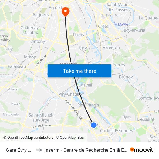 Gare Évry Courcouronnes to Inserm - Centre de Recherche En Épidémiologie Et Santé Des Populations map
