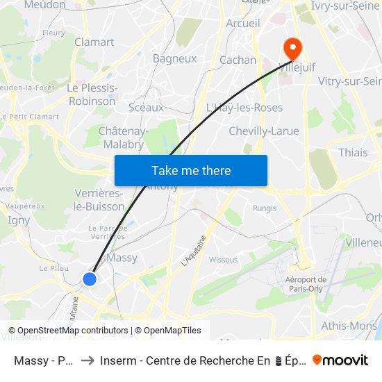 Massy - Palaiseau RER to Inserm - Centre de Recherche En Épidémiologie Et Santé Des Populations map