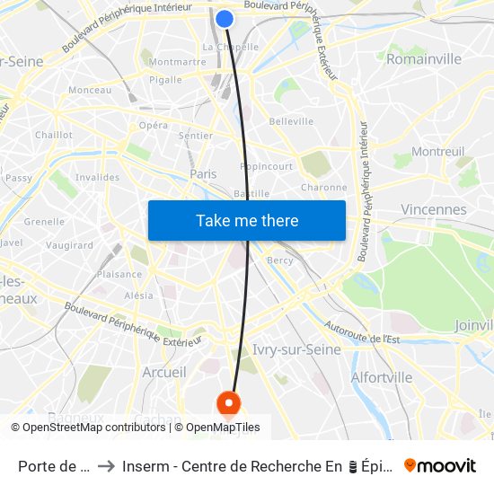 Porte de la Chapelle to Inserm - Centre de Recherche En Épidémiologie Et Santé Des Populations map
