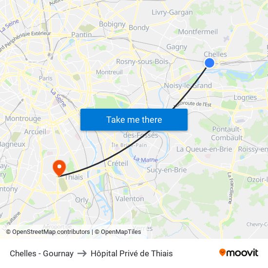 Chelles - Gournay to Hôpital Privé de Thiais map