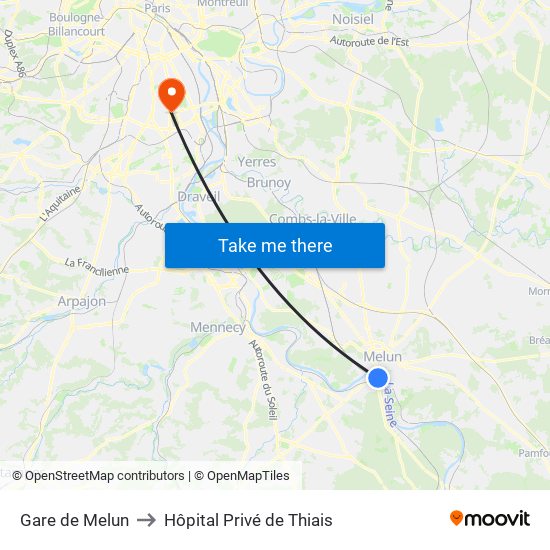 Gare de Melun to Hôpital Privé de Thiais map