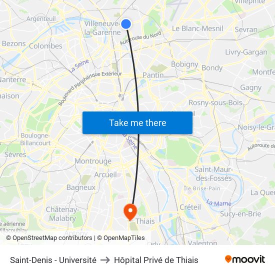 Saint-Denis - Université to Hôpital Privé de Thiais map