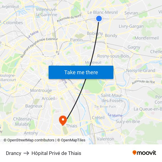 Drancy to Hôpital Privé de Thiais map