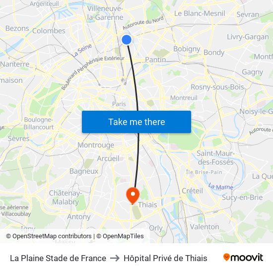 La Plaine Stade de France to Hôpital Privé de Thiais map