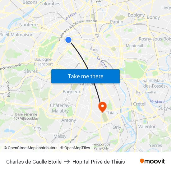 Charles de Gaulle Etoile to Hôpital Privé de Thiais map