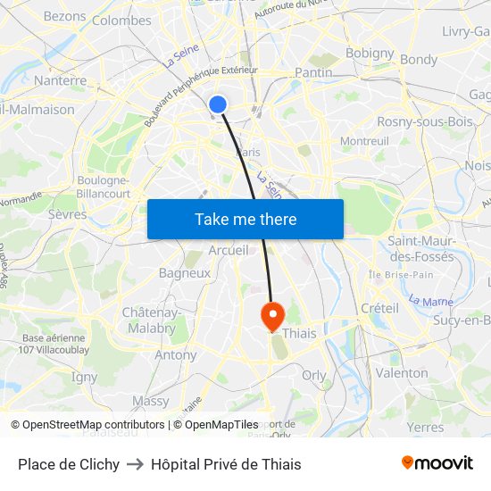 Place de Clichy to Hôpital Privé de Thiais map