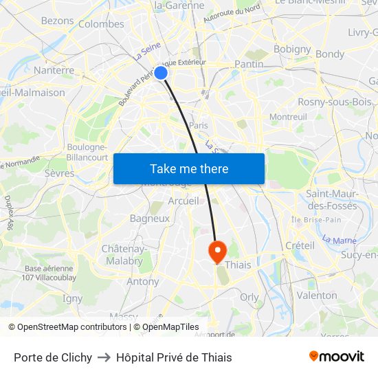 Porte de Clichy to Hôpital Privé de Thiais map