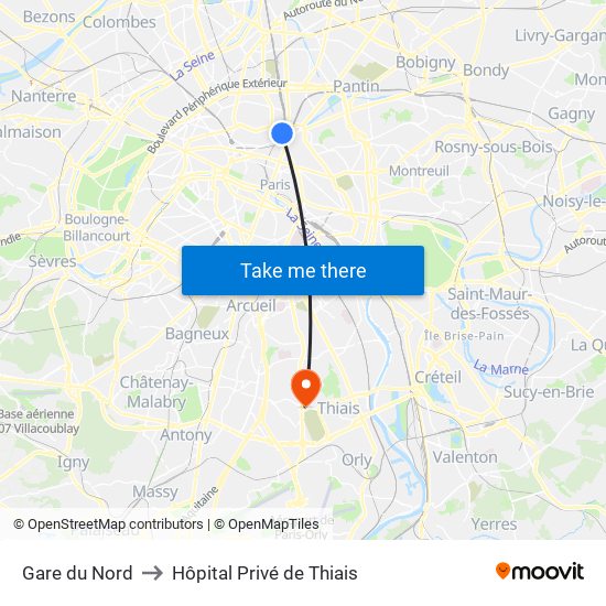 Gare du Nord to Hôpital Privé de Thiais map