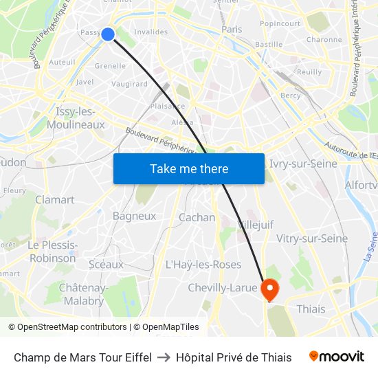 Champ de Mars Tour Eiffel to Hôpital Privé de Thiais map