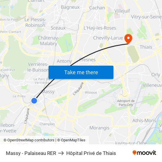Massy - Palaiseau RER to Hôpital Privé de Thiais map