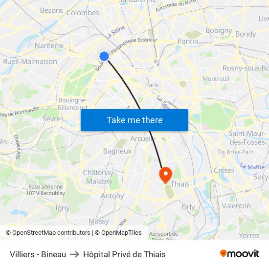 Villiers - Bineau to Hôpital Privé de Thiais map
