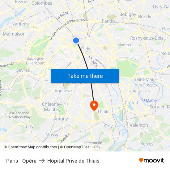 Paris - Opéra to Hôpital Privé de Thiais map