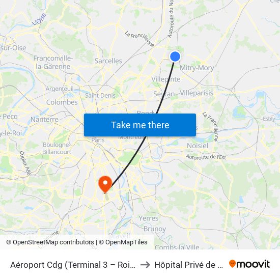 Aéroport Cdg (Terminal 3 – Roissypôle) to Hôpital Privé de Thiais map