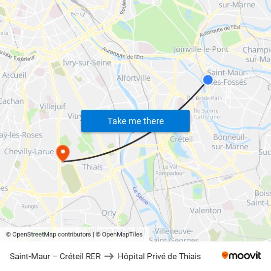 Saint-Maur – Créteil RER to Hôpital Privé de Thiais map