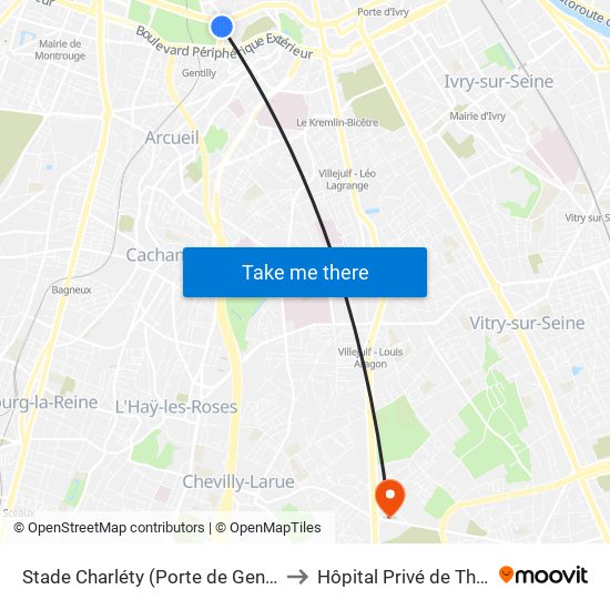Stade Charléty (Porte de Gentilly) to Hôpital Privé de Thiais map