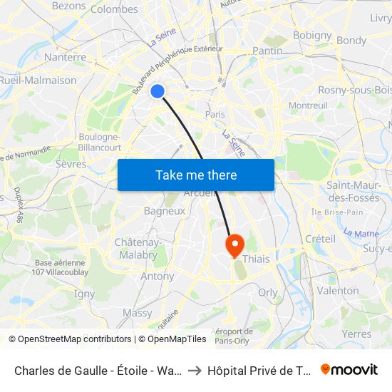 Charles de Gaulle - Étoile - Wagram to Hôpital Privé de Thiais map