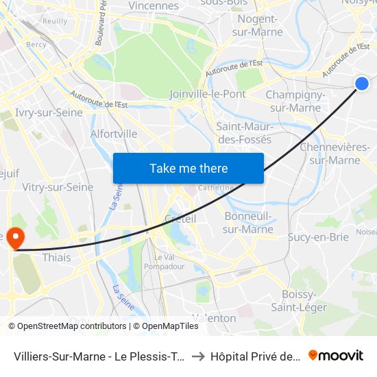 Villiers-Sur-Marne - Le Plessis-Trévise RER to Hôpital Privé de Thiais map