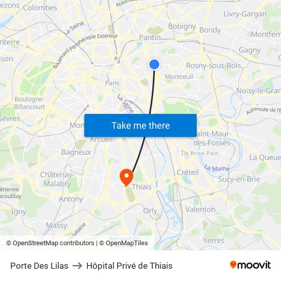Porte Des Lilas to Hôpital Privé de Thiais map