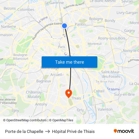 Porte de la Chapelle to Hôpital Privé de Thiais map
