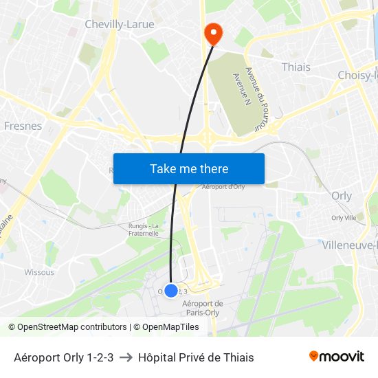 Aéroport Orly 1-2-3 to Hôpital Privé de Thiais map