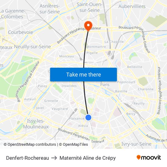 Denfert-Rochereau to Maternité Aline de Crépy map