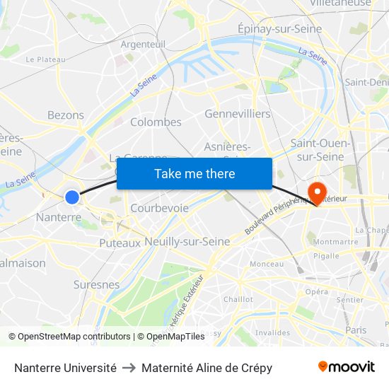 Nanterre Université to Maternité Aline de Crépy map