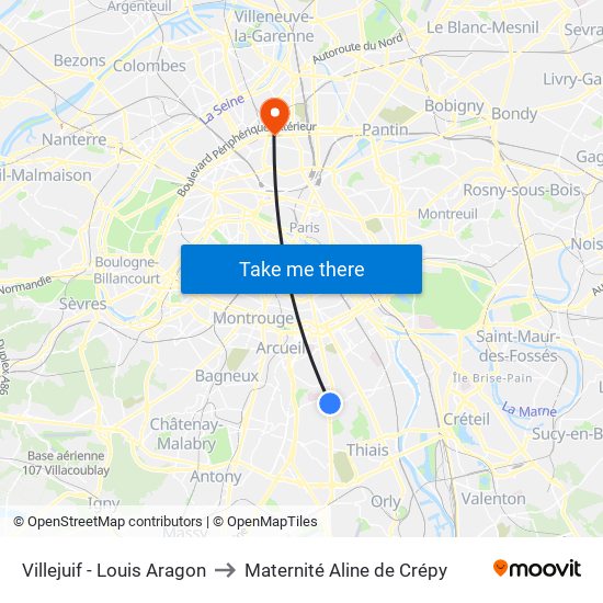 Villejuif - Louis Aragon to Maternité Aline de Crépy map