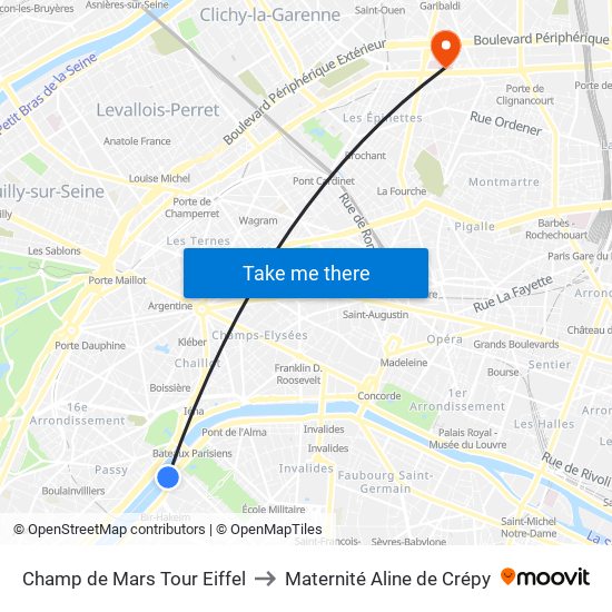 Champ de Mars Tour Eiffel to Maternité Aline de Crépy map