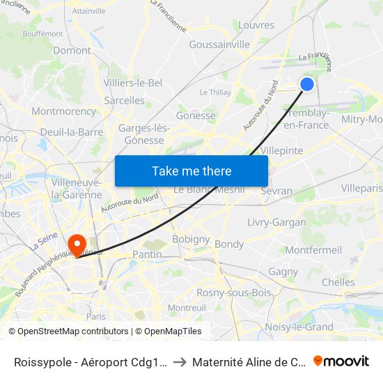 Roissypole - Aéroport Cdg1 (E2) to Maternité Aline de Crépy map
