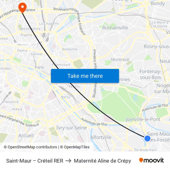 Saint-Maur – Créteil RER to Maternité Aline de Crépy map