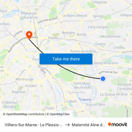 Villiers-Sur-Marne - Le Plessis-Trévise RER to Maternité Aline de Crépy map