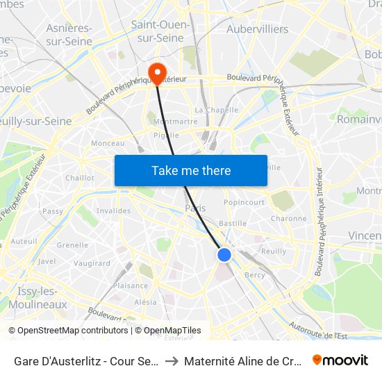 Gare D'Austerlitz - Cour Seine to Maternité Aline de Crépy map