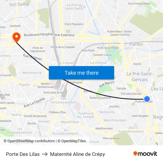 Porte Des Lilas to Maternité Aline de Crépy map