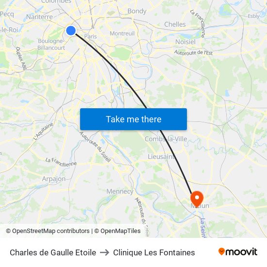 Charles de Gaulle Etoile to Clinique Les Fontaines map