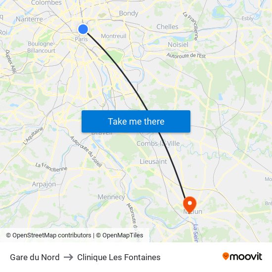 Gare du Nord to Clinique Les Fontaines map