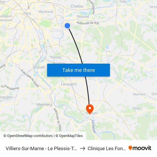 Villiers-Sur-Marne - Le Plessis-Trévise RER to Clinique Les Fontaines map