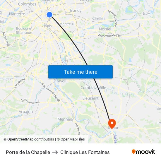 Porte de la Chapelle to Clinique Les Fontaines map