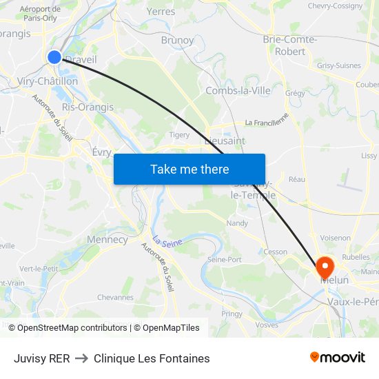 Juvisy RER to Clinique Les Fontaines map