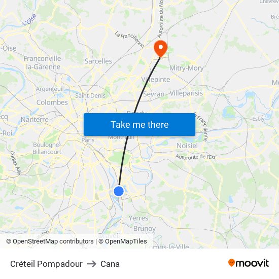Créteil Pompadour to Cana map